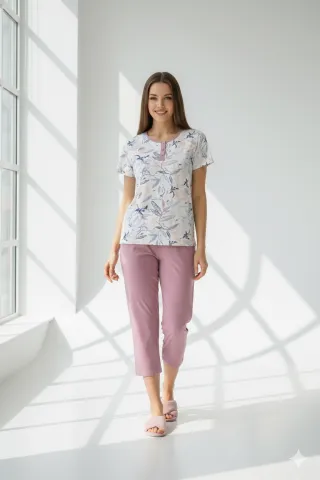 Pijama damă Freenight mov, bumbac, imprimeu frunze, tricou, pantaloni 3/4