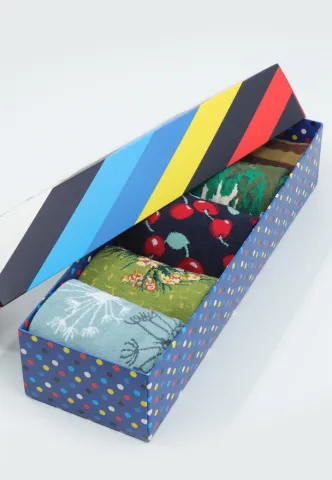 Set 5 Perechi Șosete Damă Serena – Multicolore, cu Imprimeuri Vesele, în Cutie Cadou