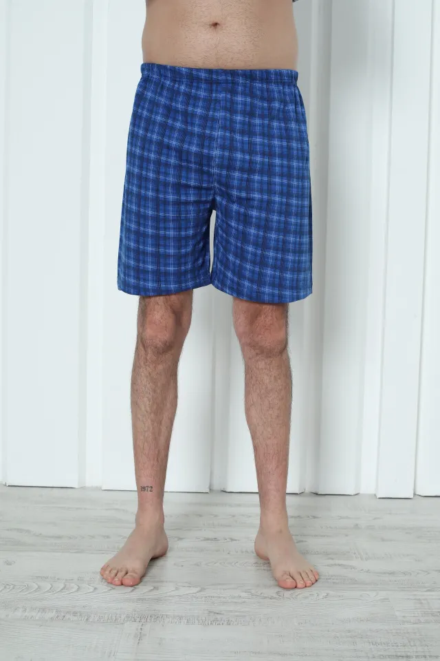 Short de pijama bărbați carouri albastru închis, bumbac