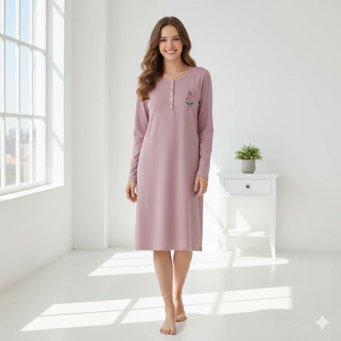 Rochie de casă mov cu imprimeu trandafir, mânecă lungă, bumbac - 1