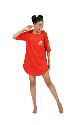 Rochie de casă Vienetta roșie, mânecă 3/4, imprimeu „Smile to the world” hover