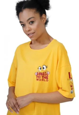 Rochie de casă Vienetta galben, mânecă 3/4, imprimeu „Smile to the world” hover