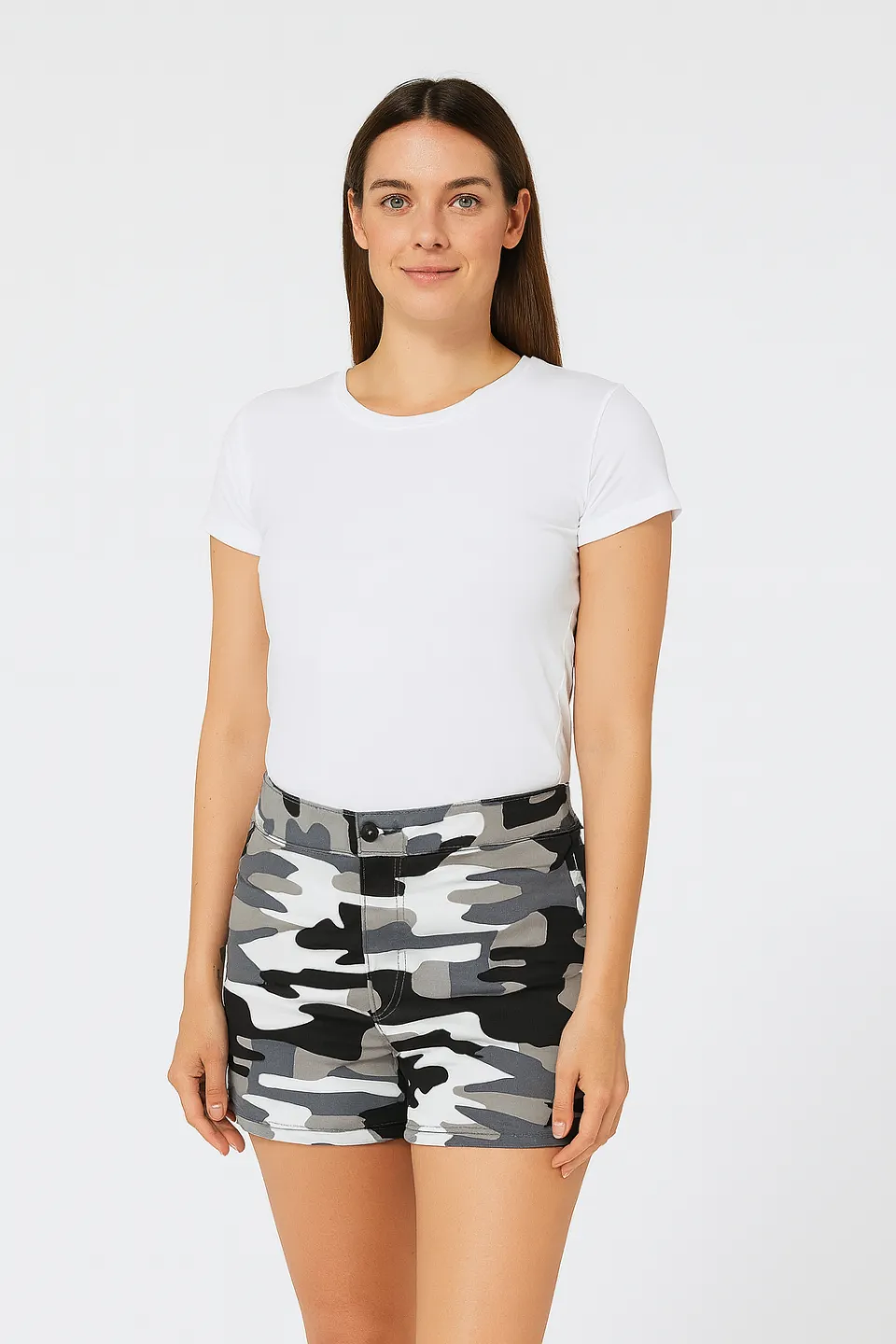 Blugi scurți damă de vară – elastici, mulați, cu buzunare la spate-camuflaj gri - 1