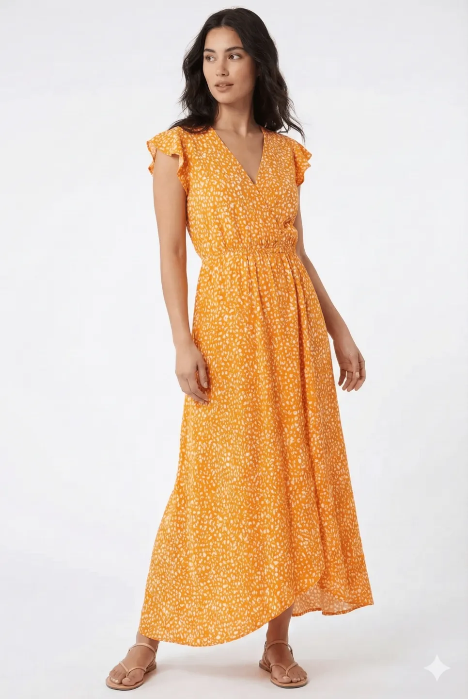 Rochie damă lungă, mâneci scurte cu volănașe, decolteu în V- portocaliu - 1