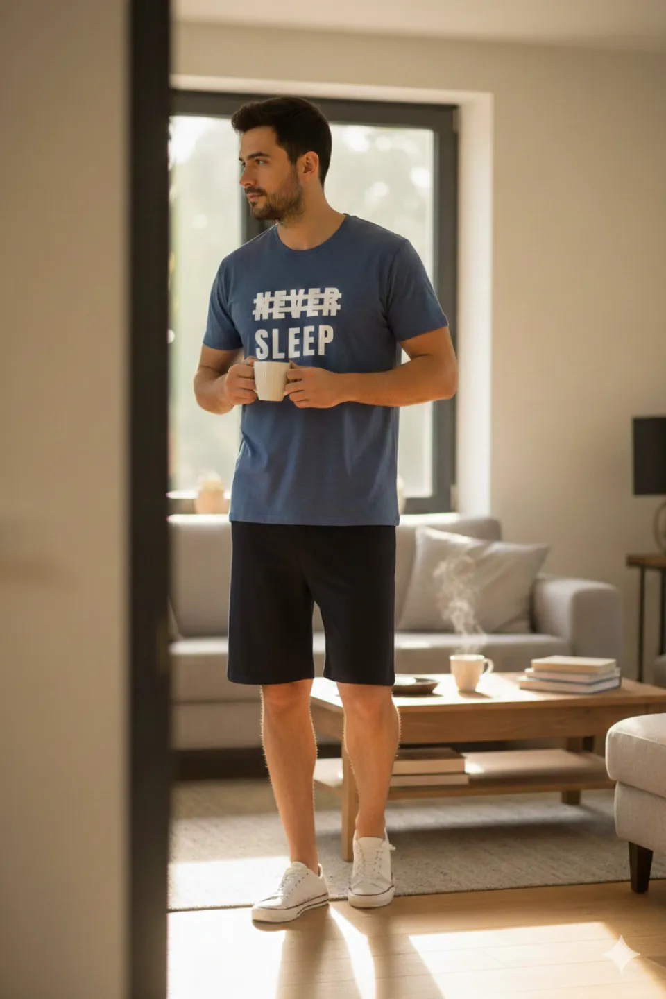 Pijama bărbați din bumbac – tricou cu imprimeu "Never Sleep"- Bleumarin - 1