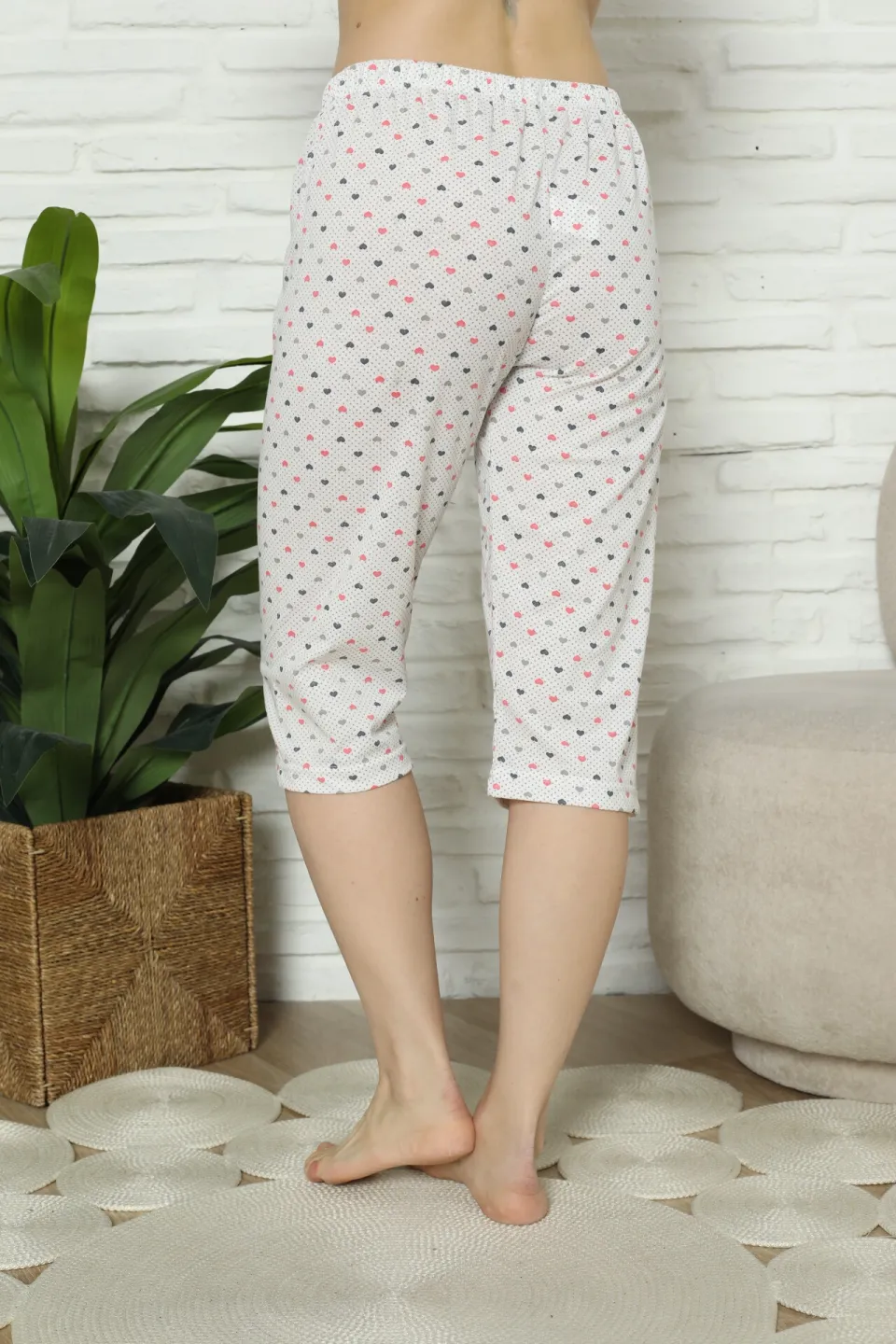 Pantaloni pijama damă 3/4, alb, imprimeu inimi - 2