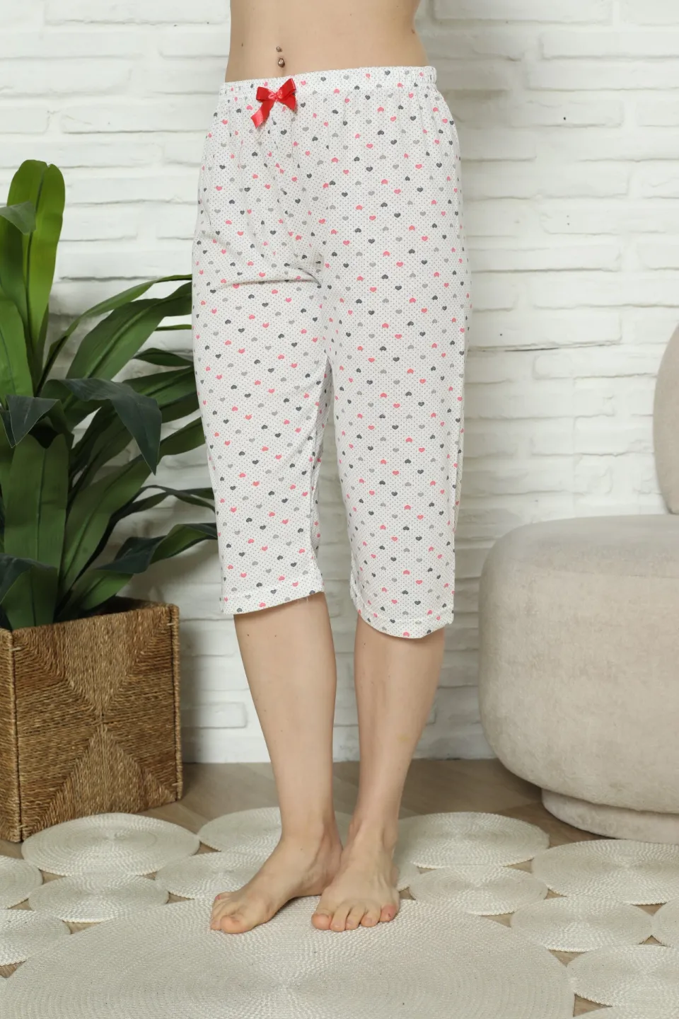 Pantaloni pijama damă 3/4, alb, imprimeu inimi - 3
