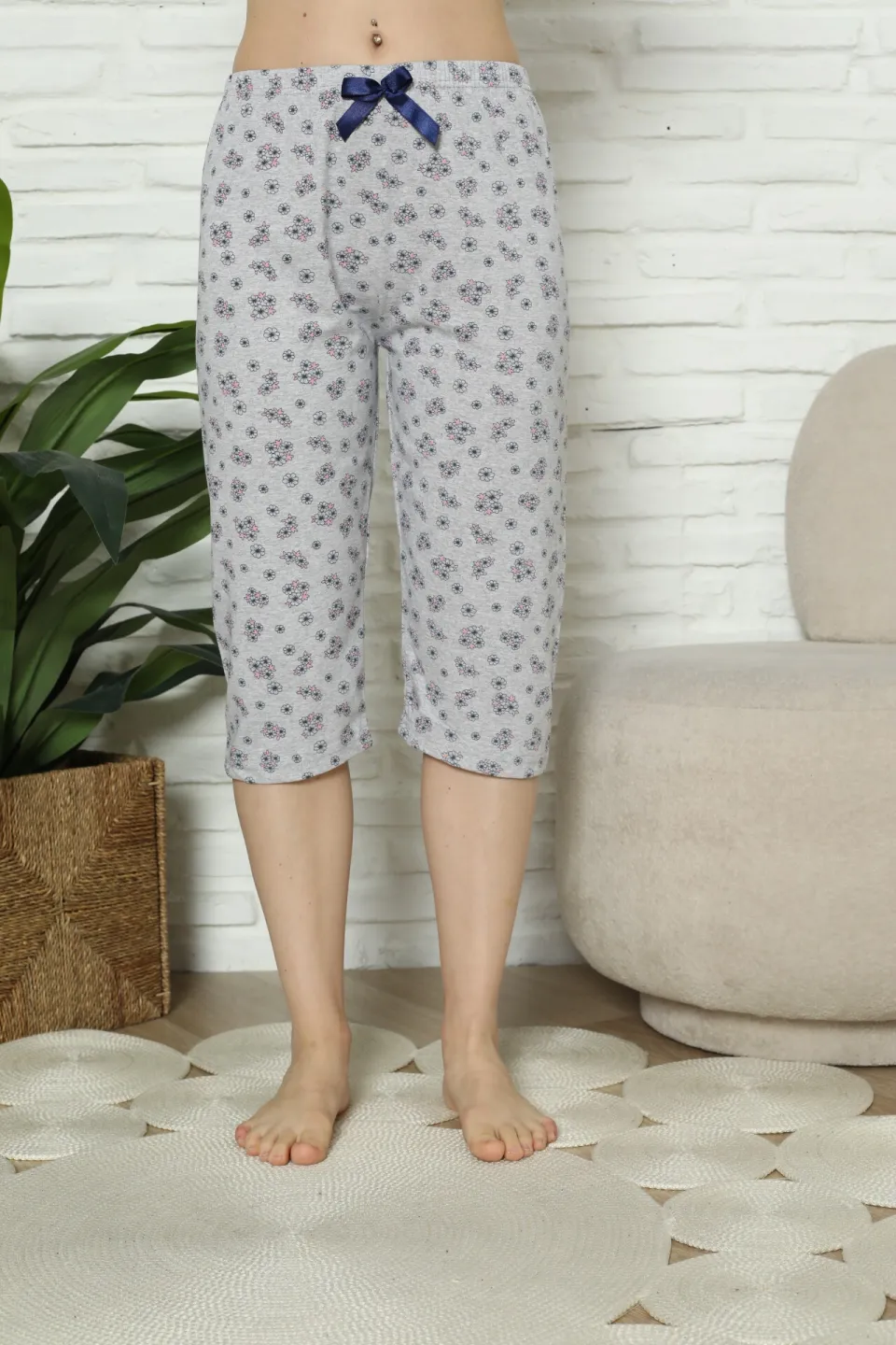Pantaloni pijama damă 3/4, gri, imprimeu flori - 3