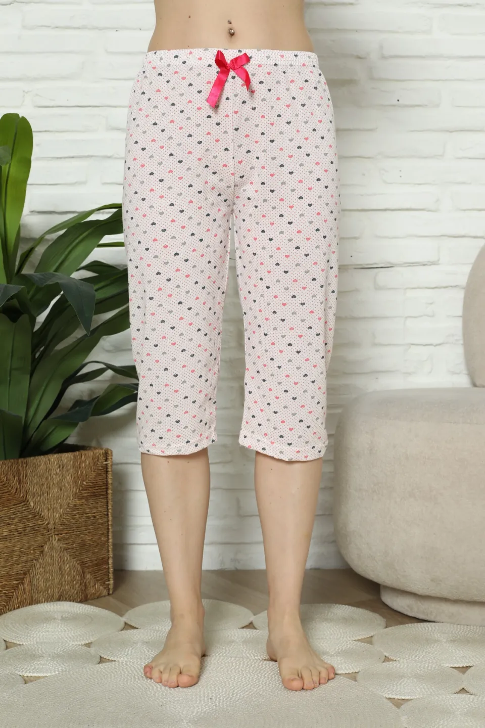 Pantaloni pijama damă 3/4, roz, imprimeu inimi - 3