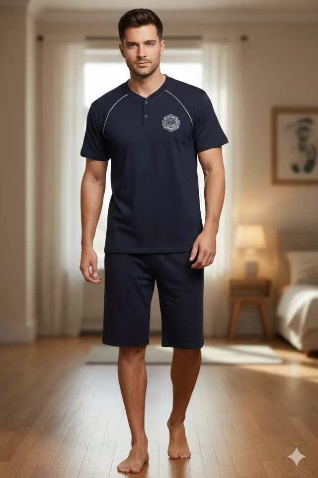 Pijama bărbați din bumbac – tricou cu pantaloni 3/4- negru