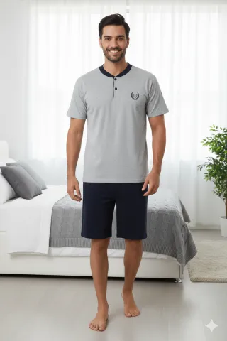 Pijama bărbați Big Size din bumbac – tricou cu pantaloni 3/4- gri