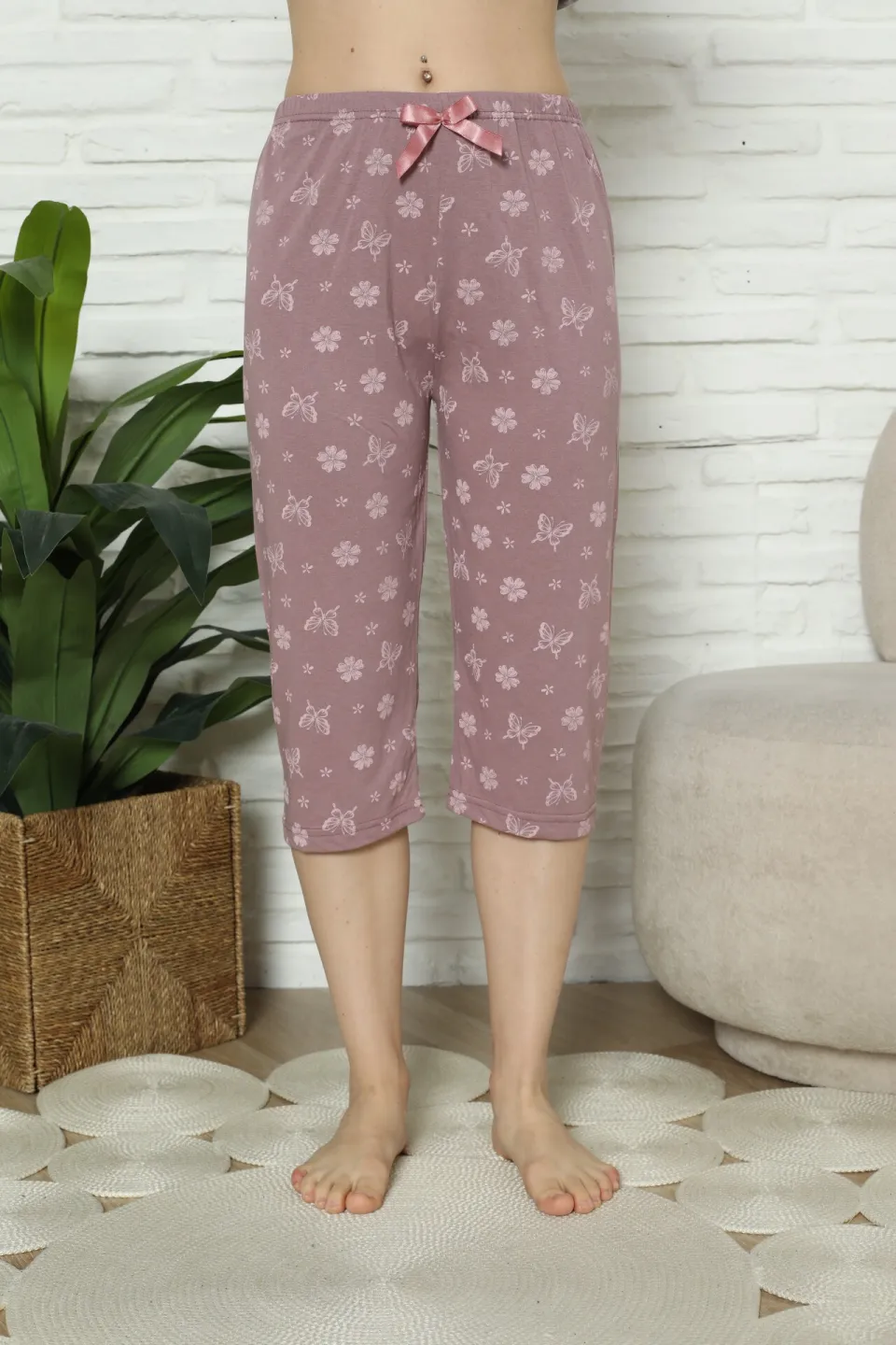 Pantaloni pijama damă 3/4, mov, imprimeu flori - 1