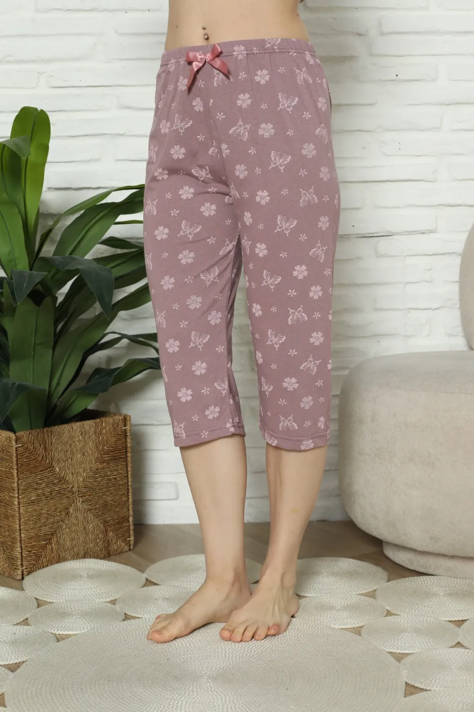 Pantaloni pijama damă 3/4, mov, imprimeu flori - 2
