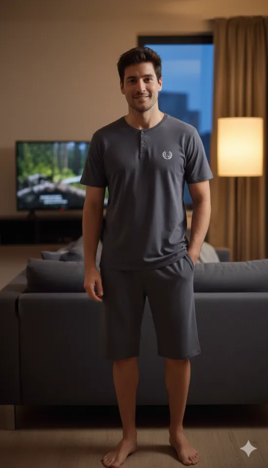 Pijama bărbați Big Size din bumbac – tricou cu pantaloni scurti- gri inchis