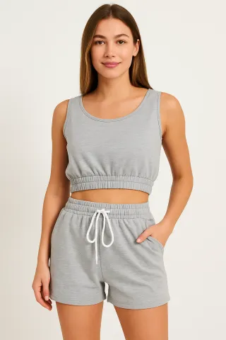 Compleu damă casual – set top scurt și pantaloni scurți, culoare gri