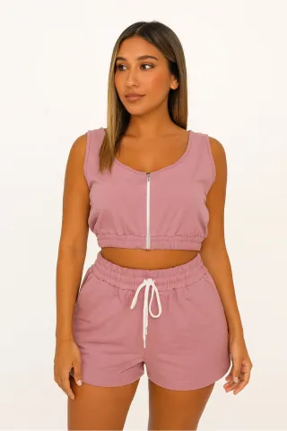Compleu damă casual – set top scurt și pantaloni scurți, culoare roz