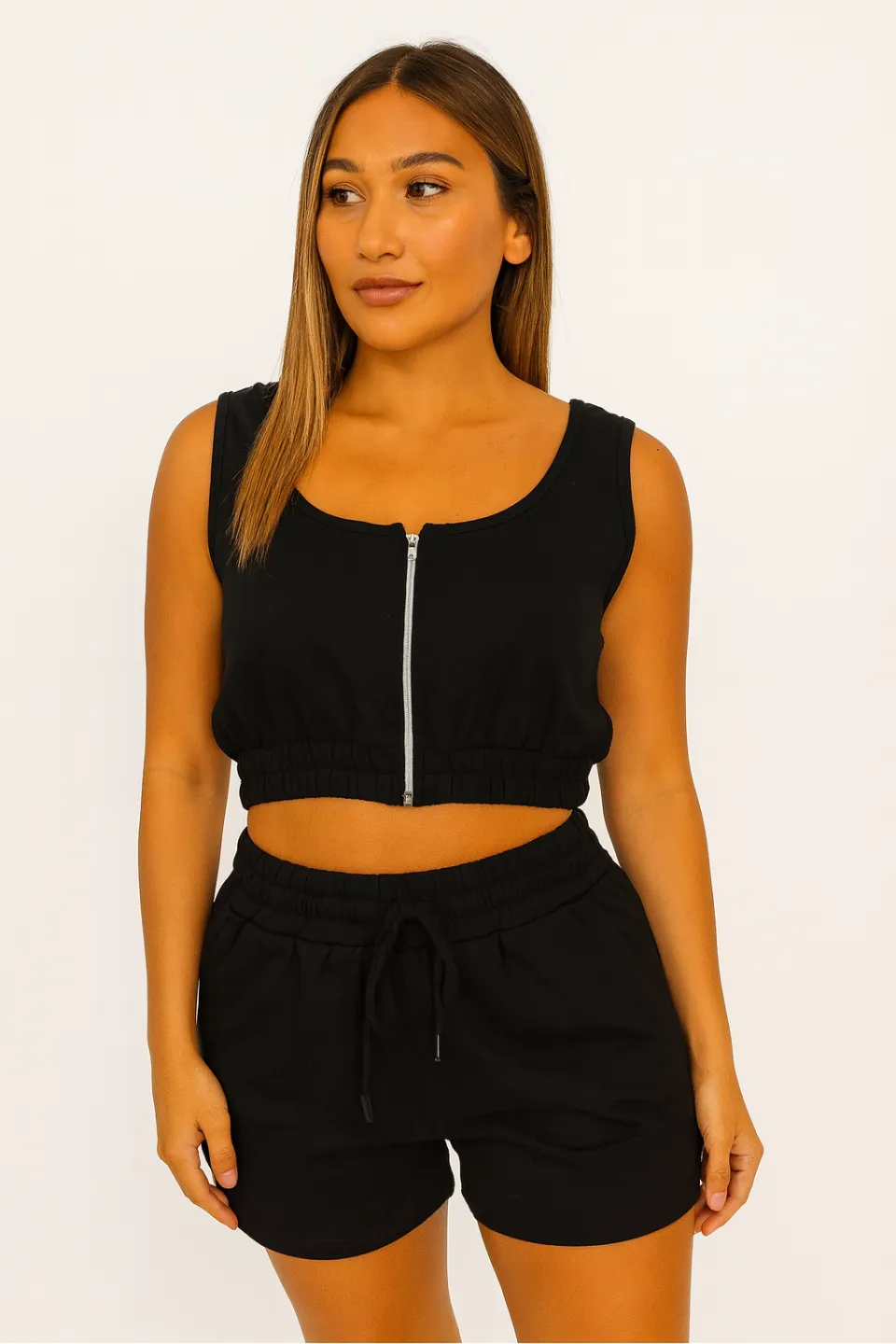 Compleu damă casual – set top scurt și pantaloni scurți, culoare negru - 1