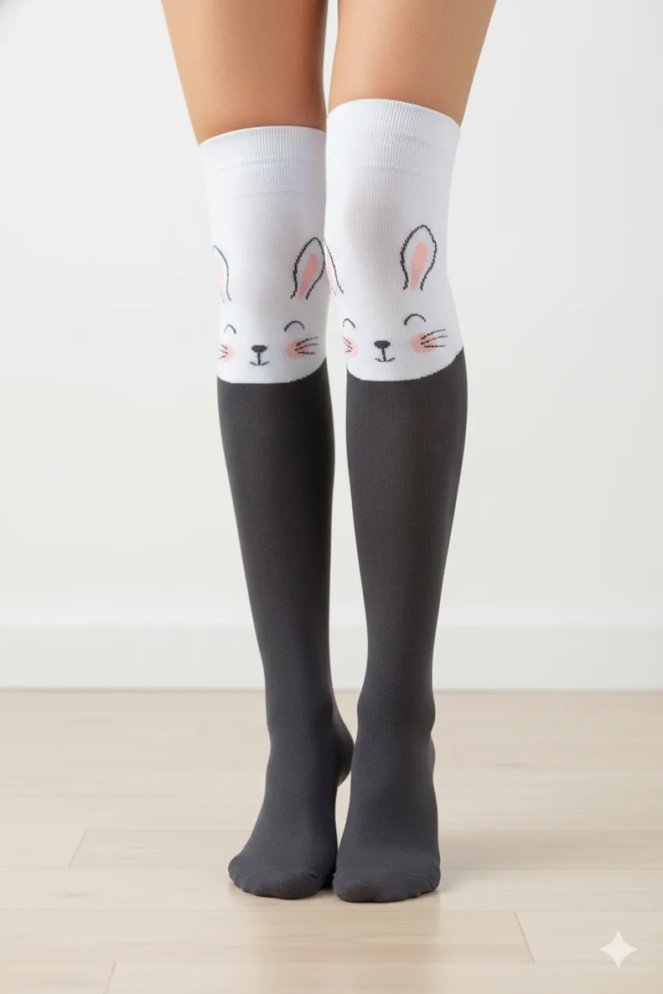 Șosete damă lungi, bumbac, imprimeu iepuraș, gri - 1