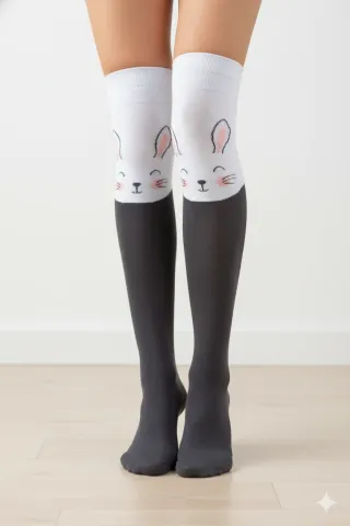 Șosete damă lungi, bumbac, imprimeu iepuraș, gri