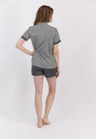 Pijama damă viscoză alb-negru cu dungi și stelute hover