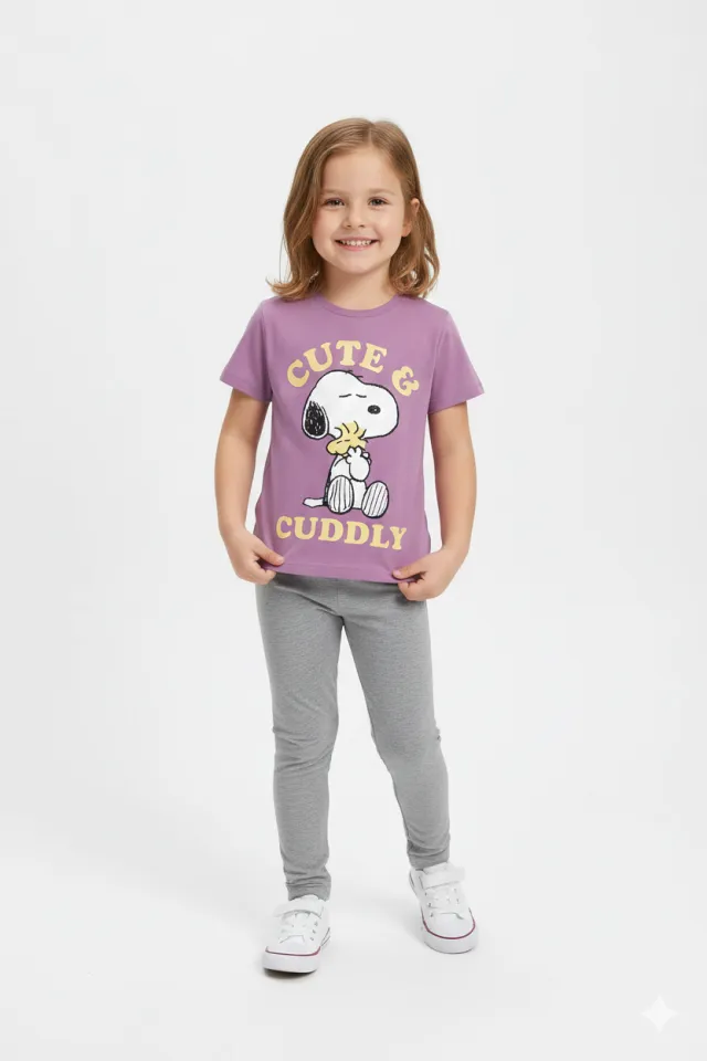 Pijama fetițe mov cu imprimeu „Cute &amp; Cuddly” – bumbac 100%