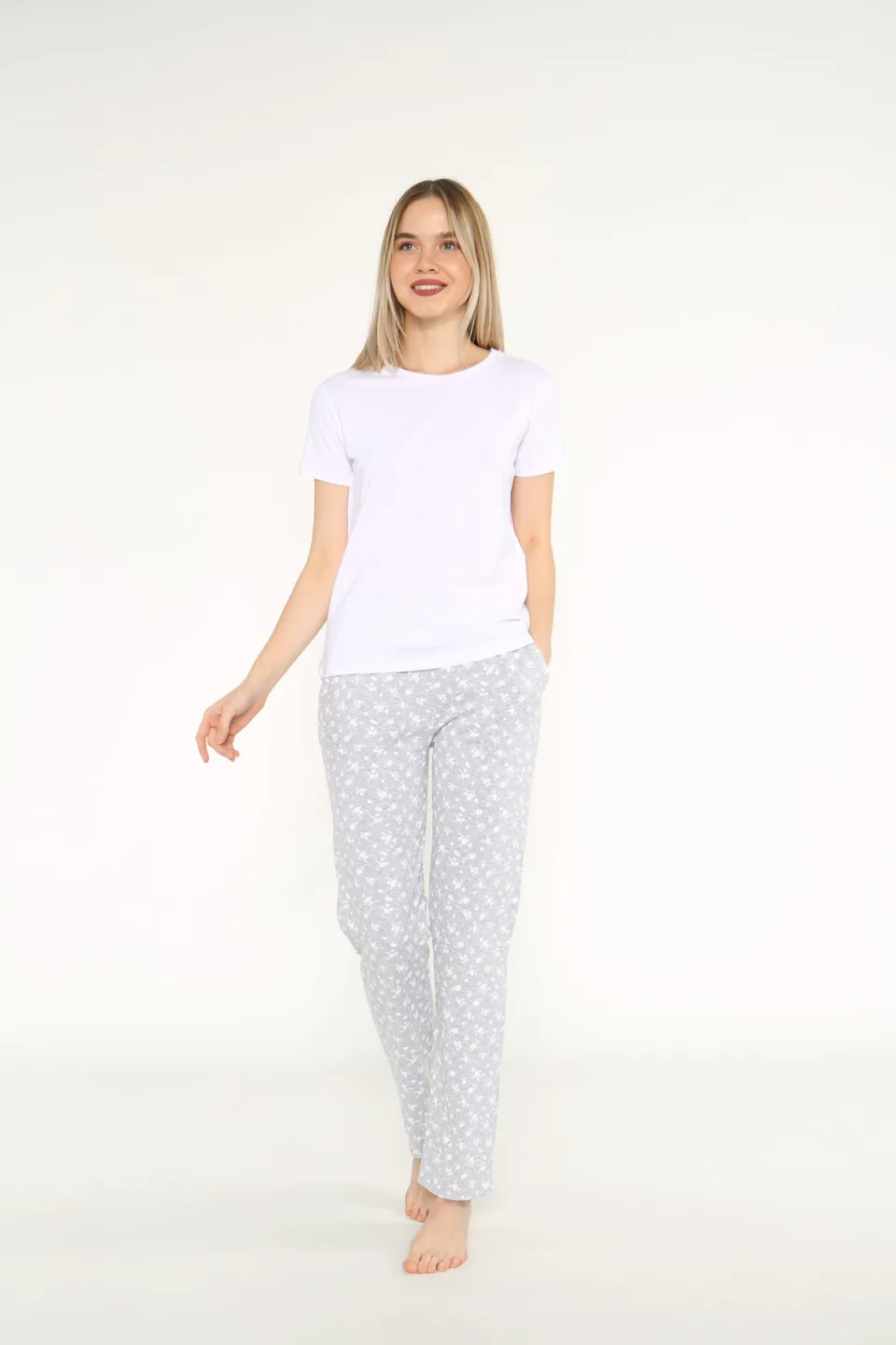 Pijama damă Arnetta alb-gri cu imprimeu floral – bumbac &amp; modal - 3