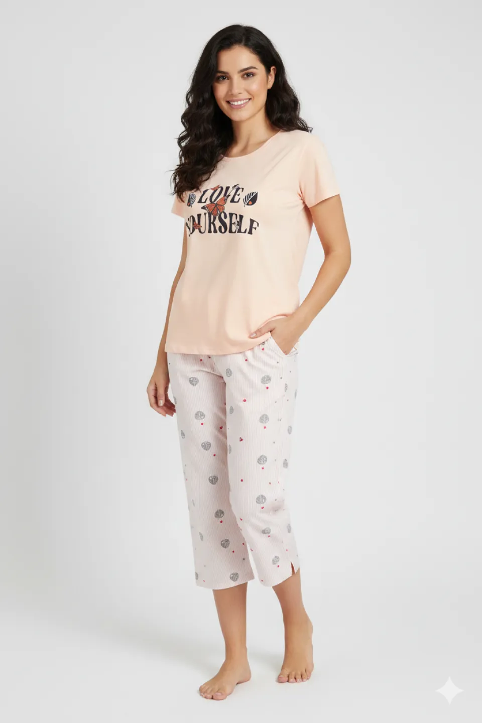 Pijama damă bumbac mărime mare – Set 2 piese: tricou + pantaloni 3/4 imprimeu love yourself - 1