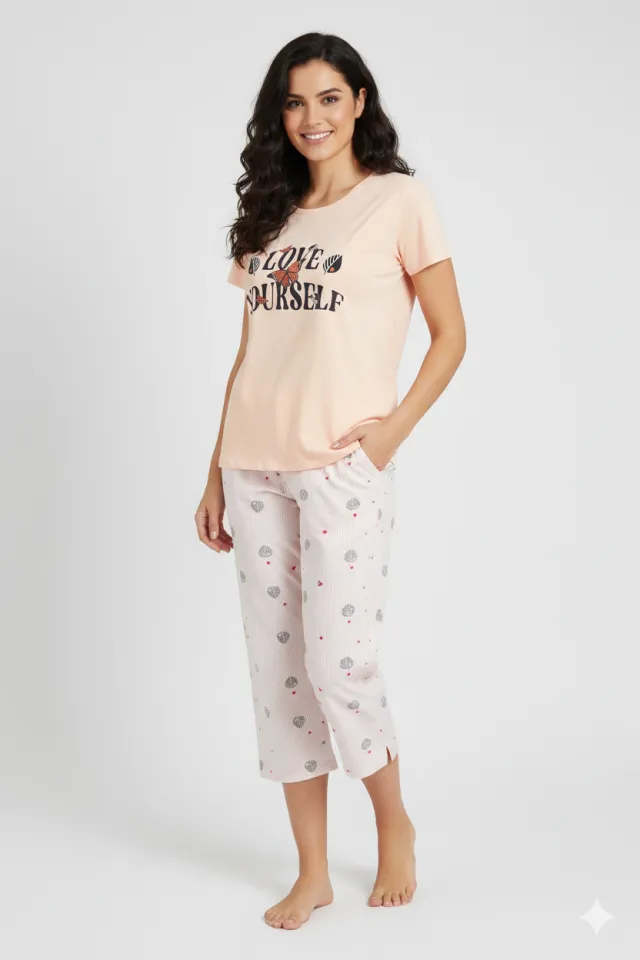 Pijama damă bumbac mărime mare – Set 2 piese: tricou + pantaloni 3/4 imprimeu love yourself