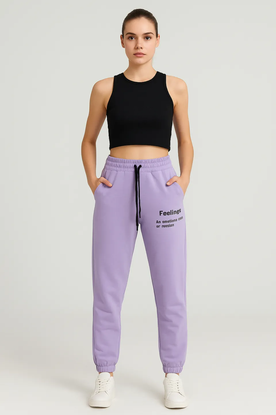 Pantaloni de trening damă lila cu șiret și imprimeu "Feeling" - 1