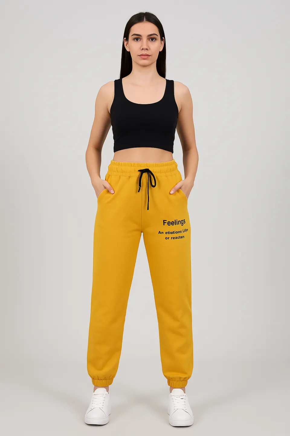 Pantaloni de trening damă mustar cu șiret și imprimeu "Feeling" - 1