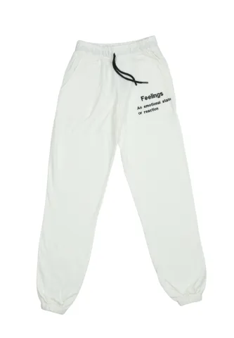 Pantaloni de trening damă albi cu șiret și imprimeu "Feeling"
