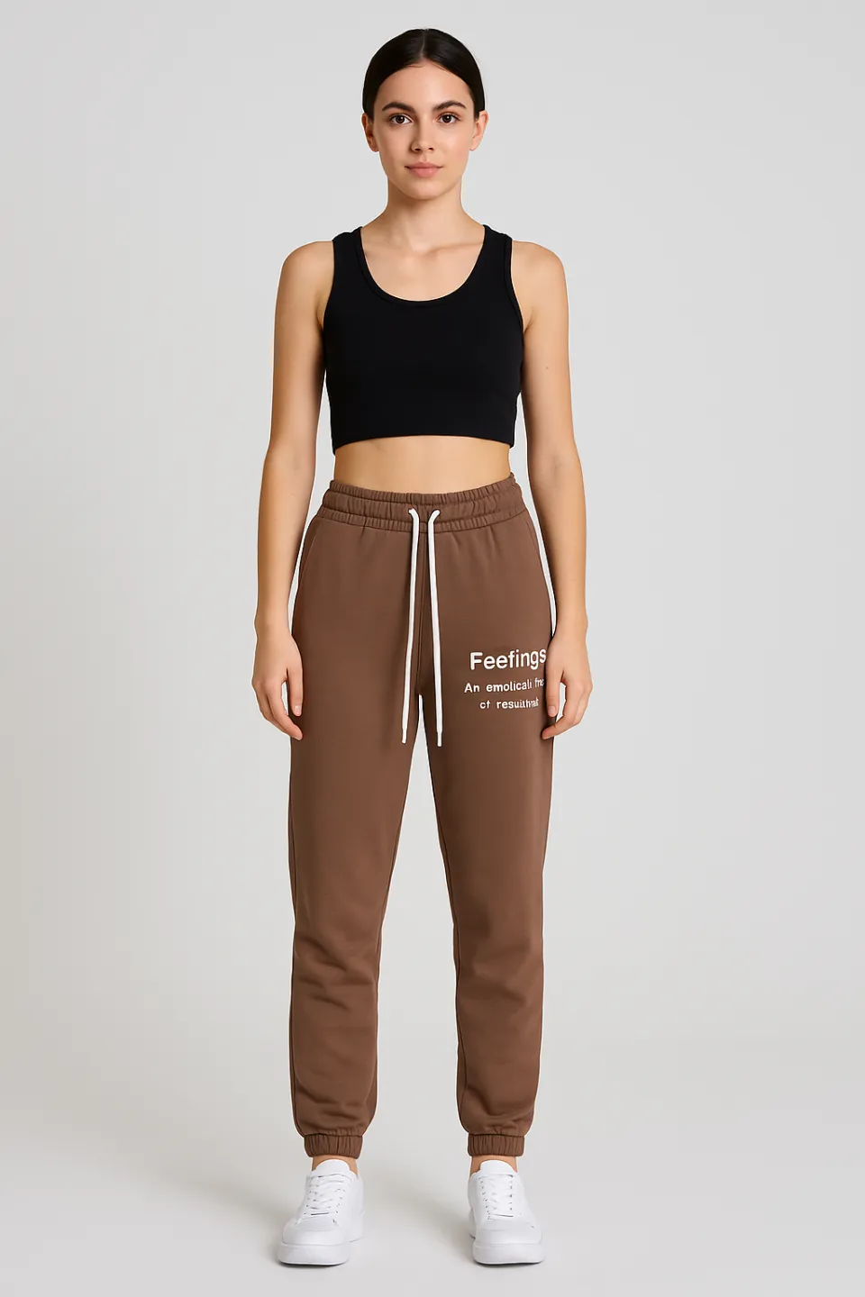 Pantaloni de trening damă maro cu șiret și imprimeu "Feeling" - 1