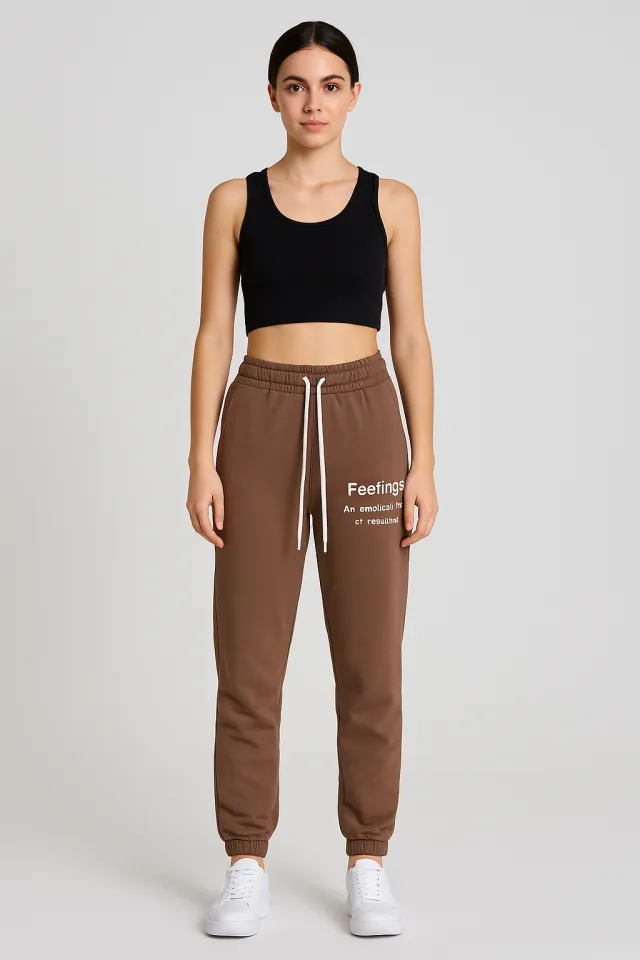 Pantaloni de trening damă maro cu șiret și imprimeu "Feeling"