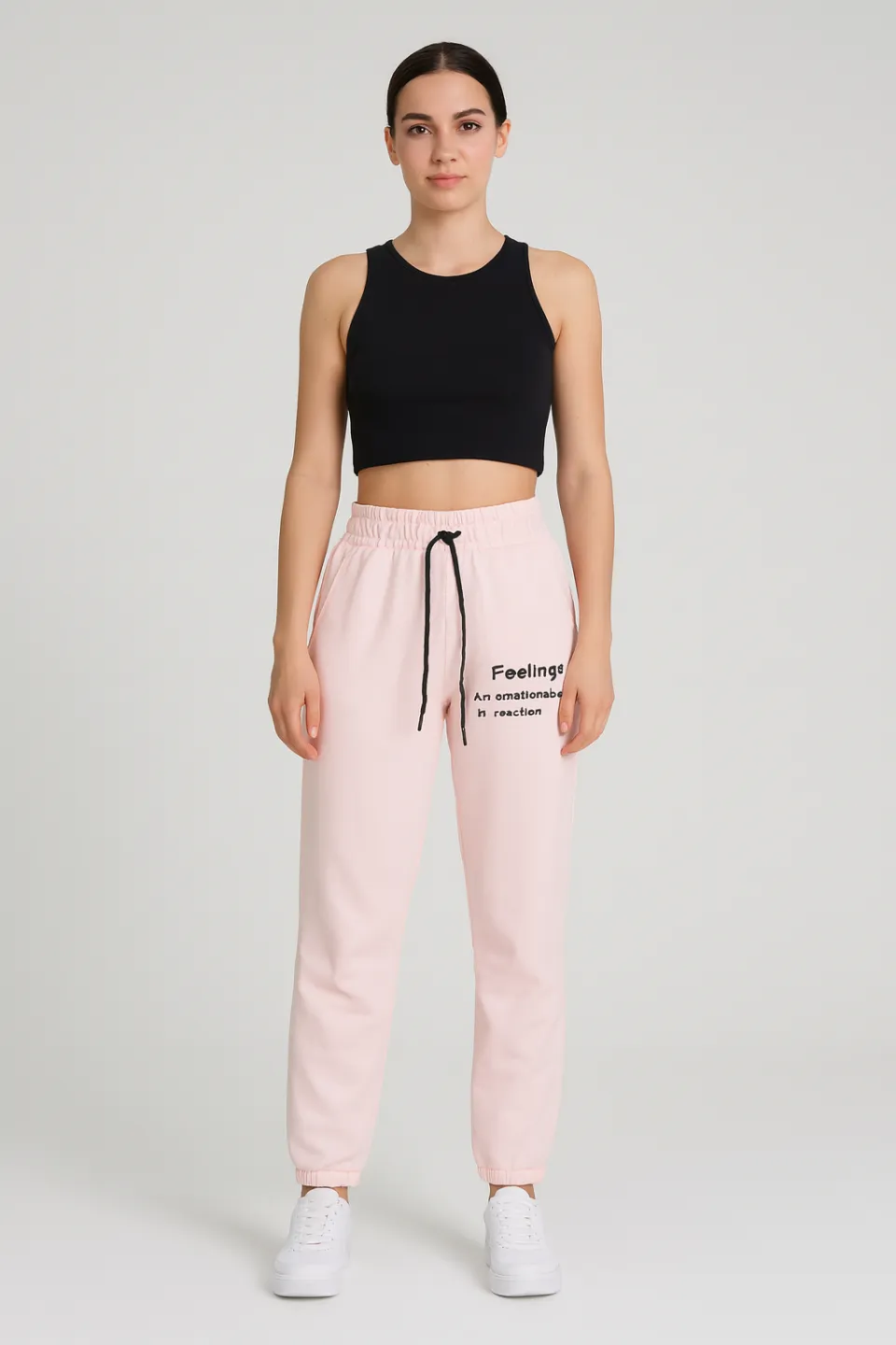 Pantaloni de trening damă roz cu șiret și imprimeu "Feeling" - 1