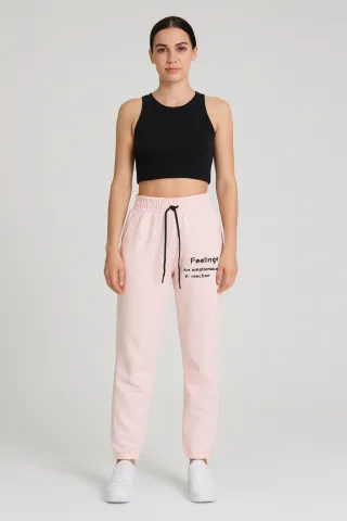 Pantaloni de trening damă roz cu șiret și imprimeu "Feeling"