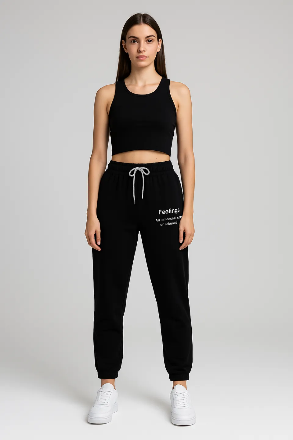 Pantaloni de trening damă negri cu șiret și imprimeu "Feeling" - 1