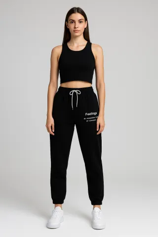 Pantaloni de trening damă negri cu șiret și imprimeu "Feeling"