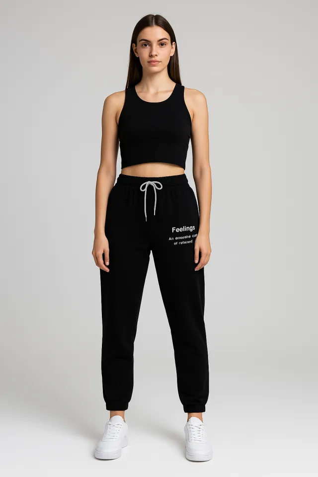 Pantaloni de trening damă negri cu șiret și imprimeu "Feeling"