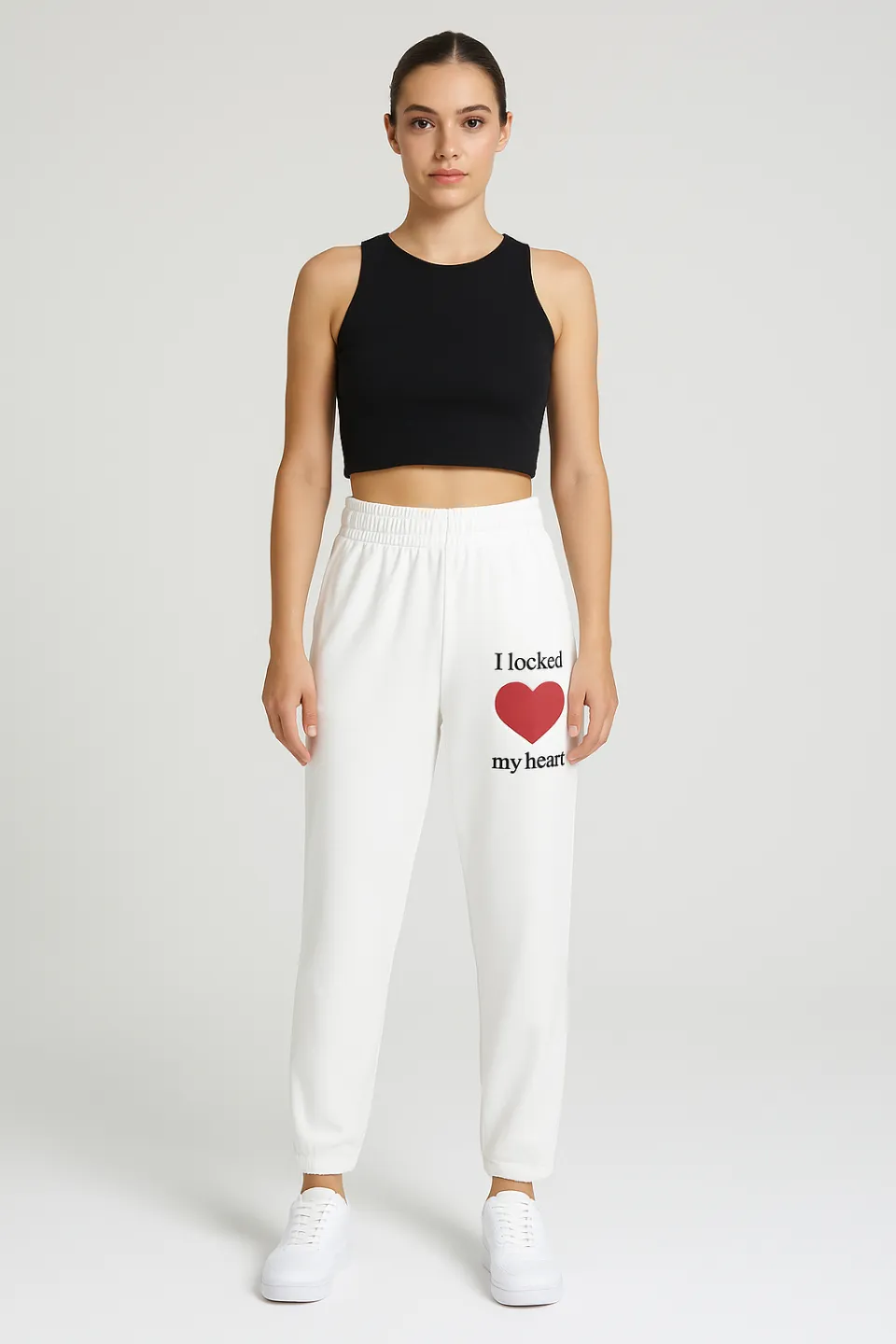 Pantaloni de trening damă albi cu  imprimeu - 1