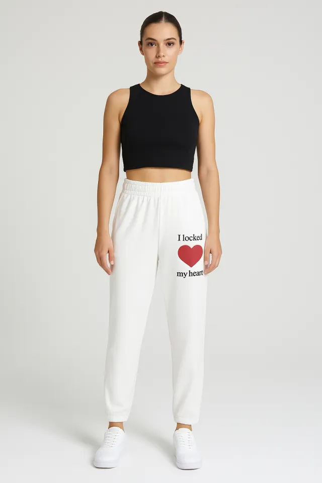 Pantaloni de trening damă albi cu  imprimeu