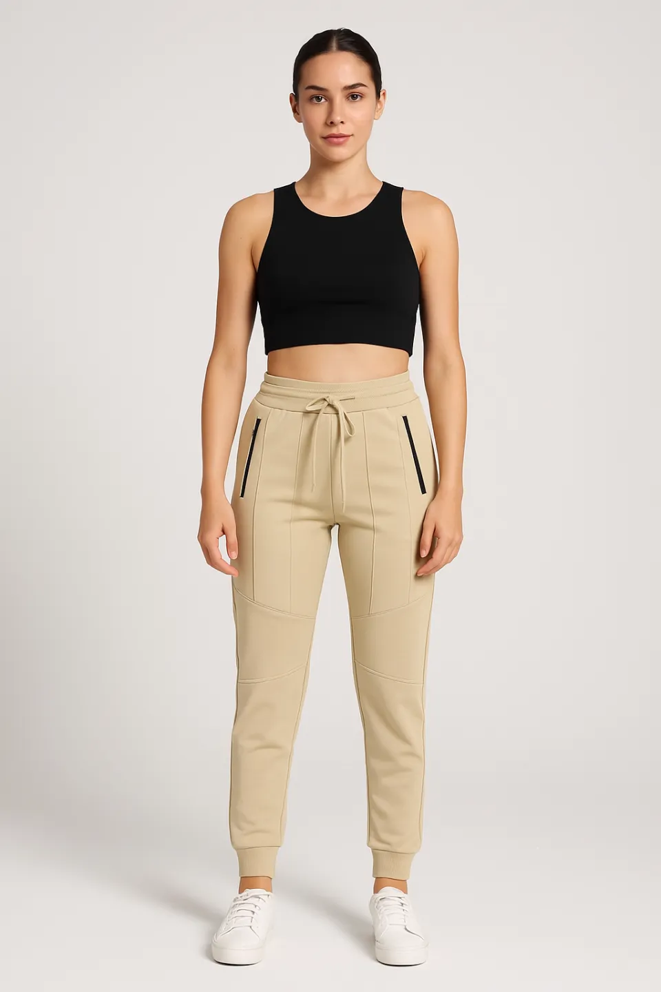 Pantaloni de trening damă crem cu șiret reglabil și buzunare cu fermoar - 1