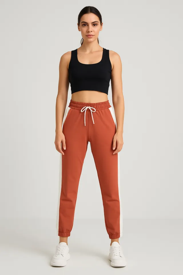 Pantaloni de trening damă caramizii cu dungi albe și șiret reglabil