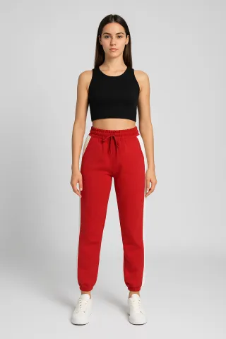 Pantaloni de trening damă rosii cu dungi albe și șiret reglabil