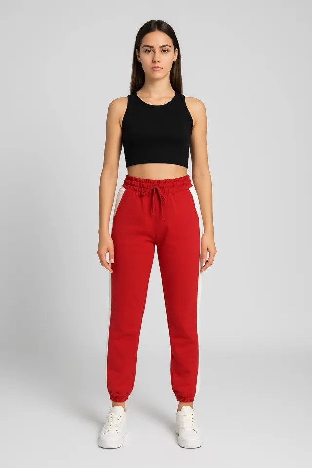 Pantaloni de trening damă rosii cu dungi albe și șiret reglabil