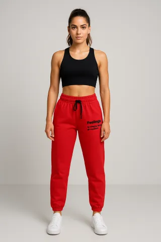Pantaloni de trening damă rosii cu șiret și imprimeu "Feeling"
