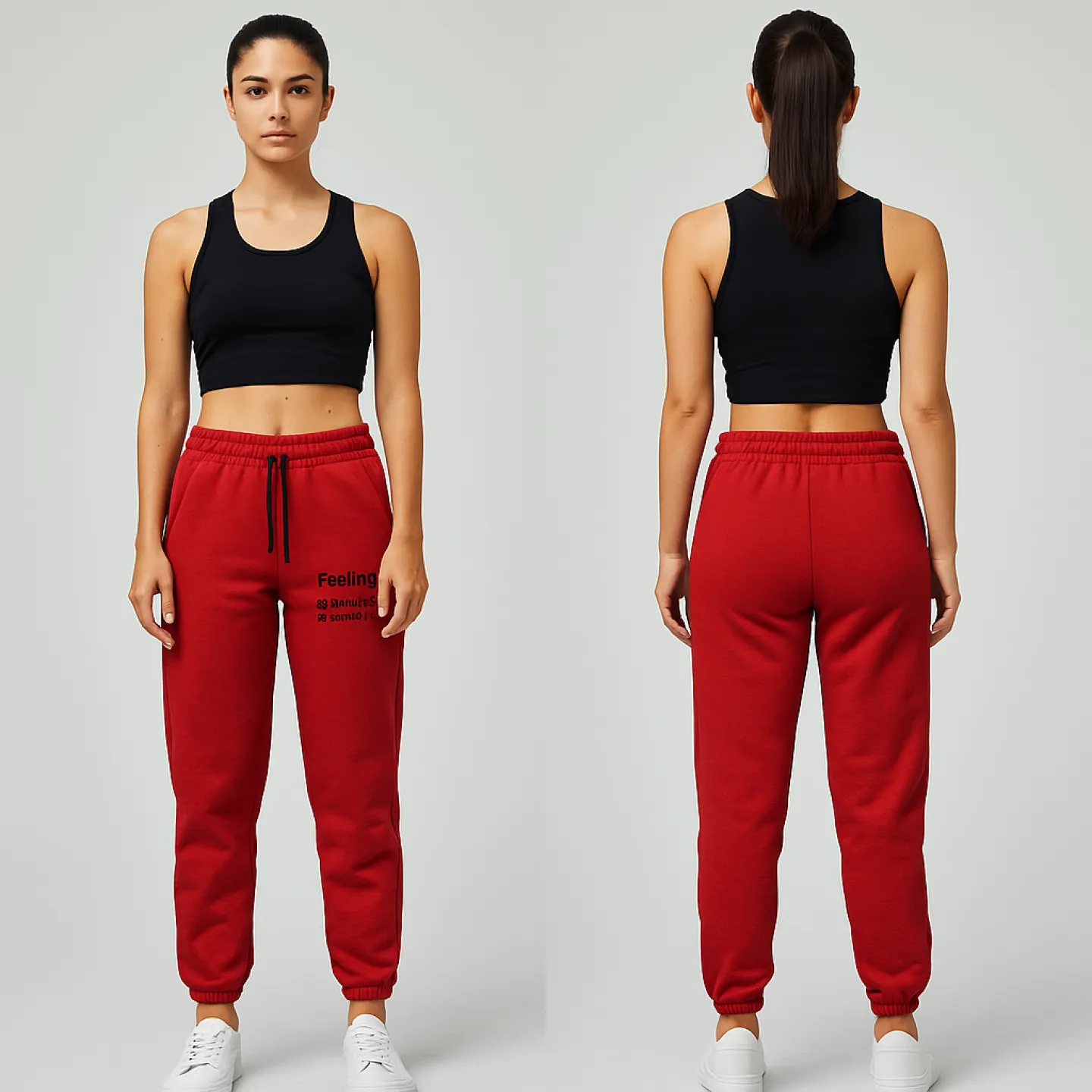 Pantaloni de trening damă rosii cu șiret și imprimeu "Feeling" - 2