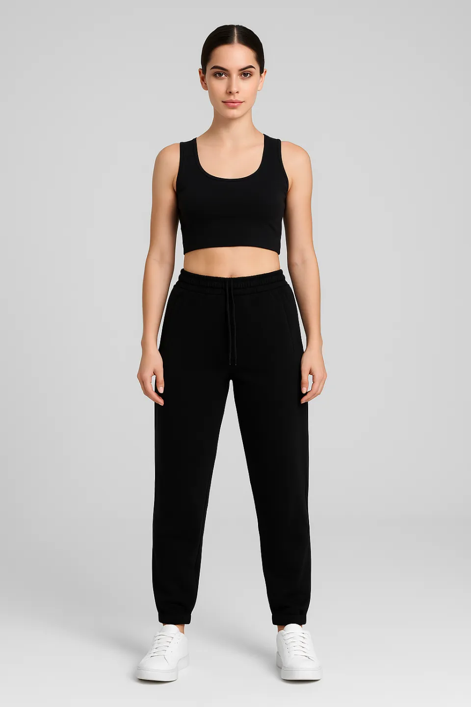 Pantaloni de trening damă negri simpli cu buzunare cu fermoar - 1