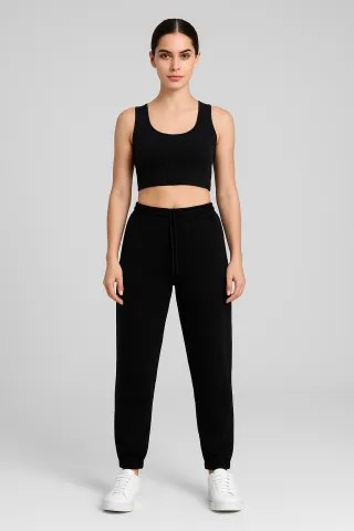 Pantaloni de trening damă negri simpli cu buzunare cu fermoar