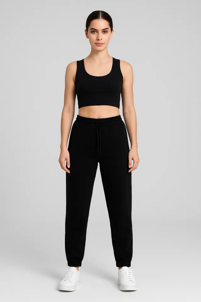 Pantaloni de trening damă negri simpli cu buzunare cu fermoar