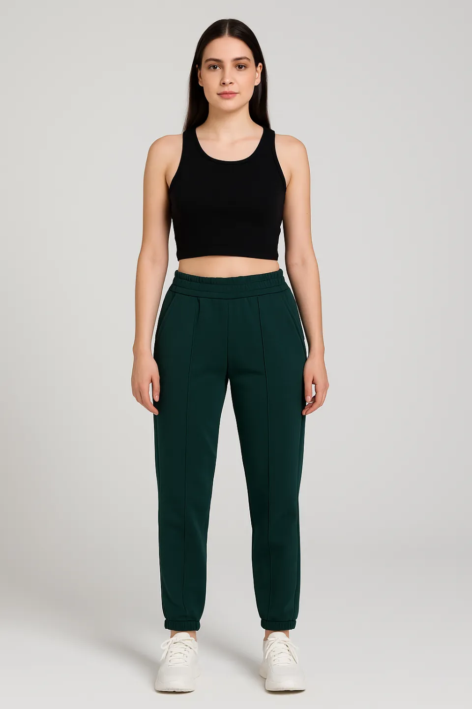 Pantaloni de trening damă verde închis cu dunga cusută pe față - 1